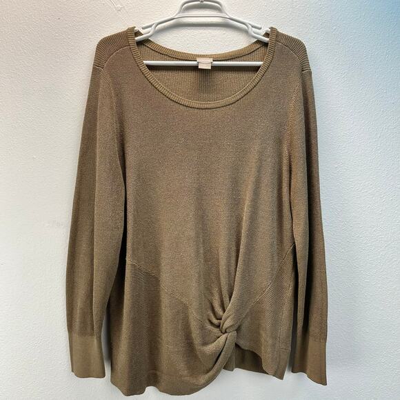 Chico's Sweater 3 Petite US XL Tan Gold Glitter Metallic Front Knot Blouse - Picture 1 of 7